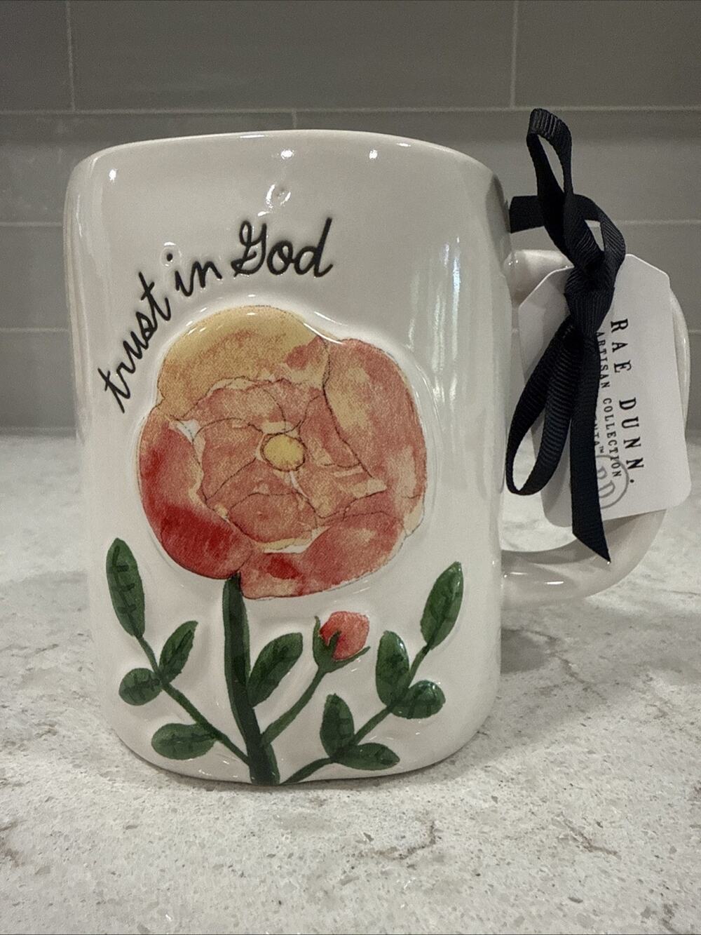 Rae Dunn TRUST IN GOD 19oz Mug Fall Floral Pumpkin Orange NEW Faith Bible Verse